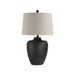 Console table lamp with textured black base and beige lampshade on a white background