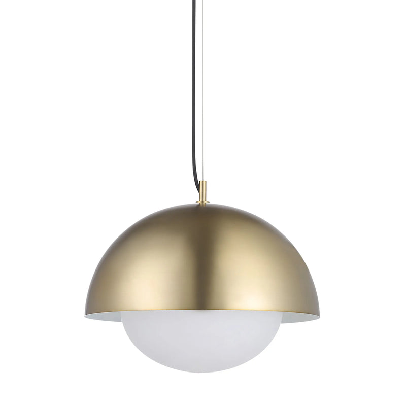 Gold pendant light with white bulb on a white background
