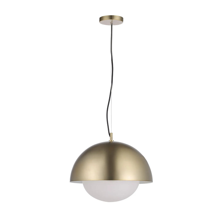 Gold pendant light with white bulb on a white background