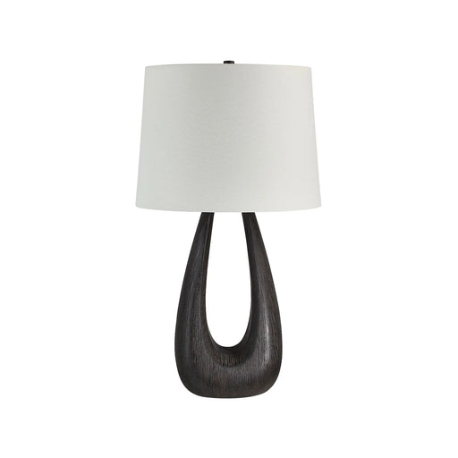 Table lamp with a dark wooden base and white lampshade on a white background