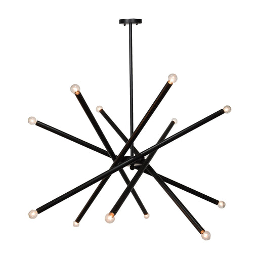 Modern black chandelier with multiple arms on a white background
