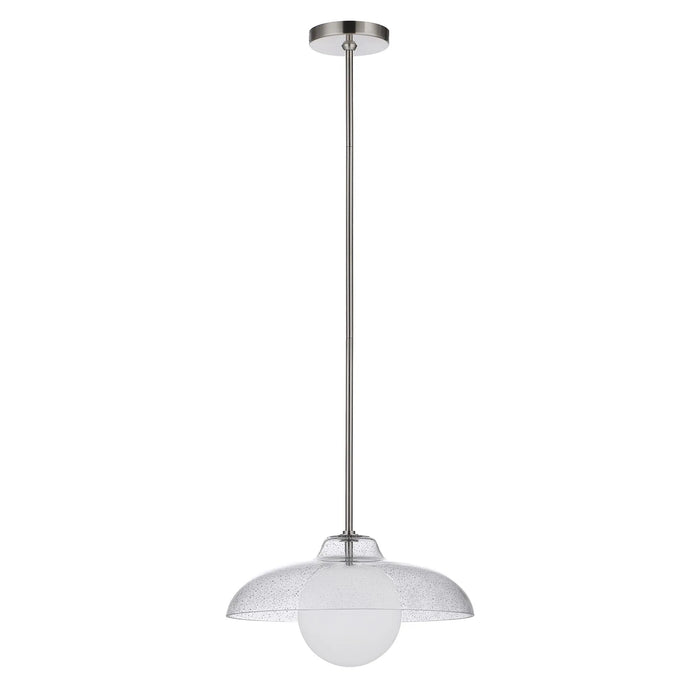 Pendant light with white glass shade and silver fixture on a white background