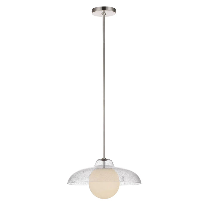 Pendant light with clear glass shade and white bulb on a white background
