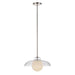 Pendant light with clear glass shade and white bulb on a white background