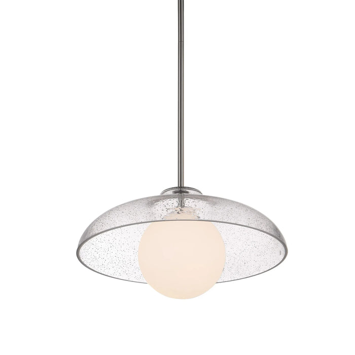 Pendant light with glass shade and white bulb on a white background