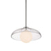 Pendant light with glass shade and white bulb on a white background