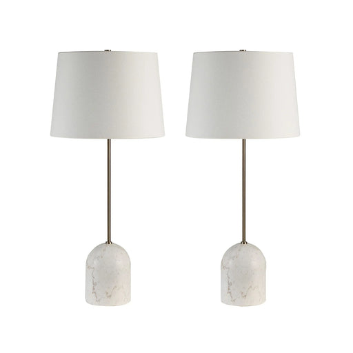 Set of two entryway table lamps with marble bases on a white background