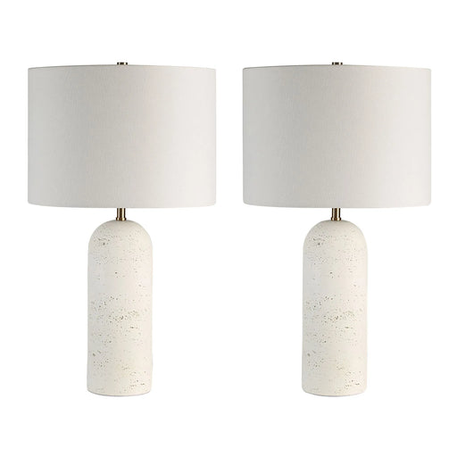 Two table lamps with white cylindrical bases and white lampshades on a white background