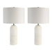 Two table lamps with white cylindrical bases and white lampshades on a white background
