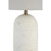 Table lamp with textured white base and beige lampshade on a white background