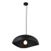 Black pendant dome light with a lit bulb on a white background