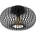 Black woven ceiling flush mount light fixture on a white background