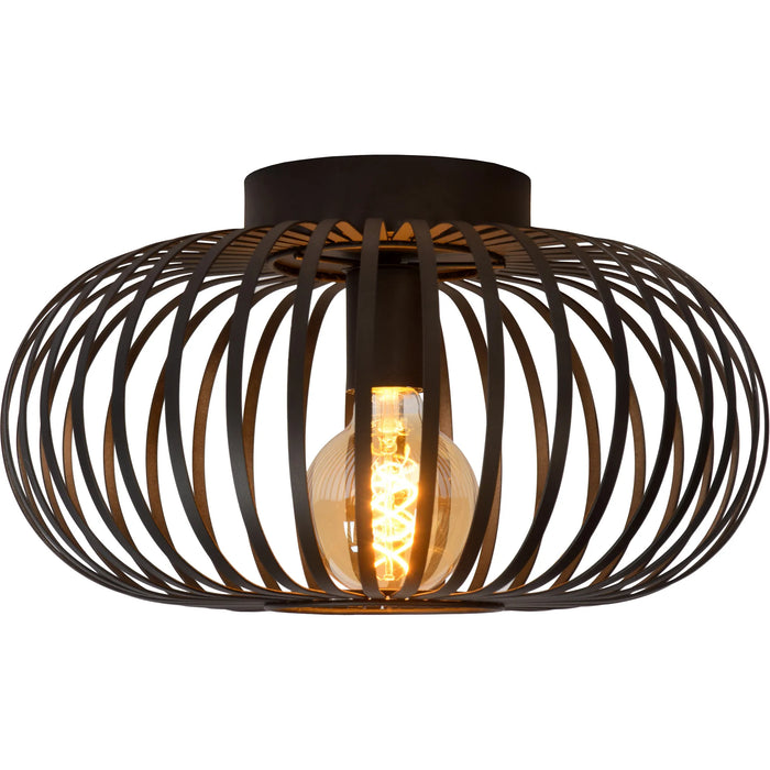 Ceiling light fixture with woven metal design on a white background