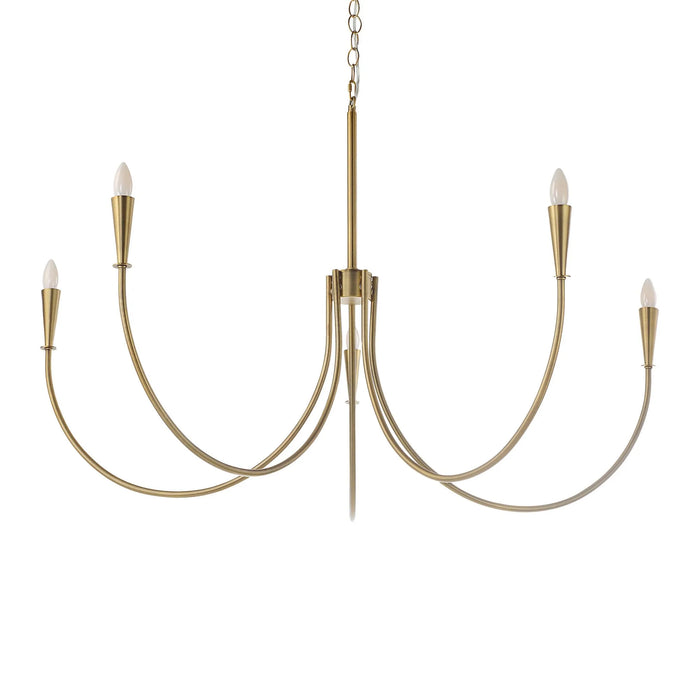 Gold chandelier with multiple arms on a white background
