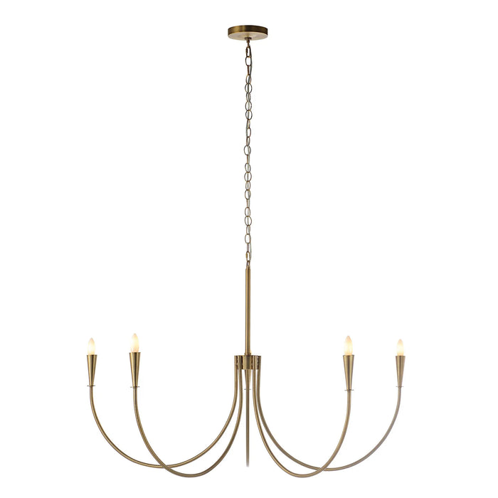 Gold chandelier with five candle-style lights on a white background