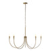 Gold chandelier with five candle-style lights on a white background