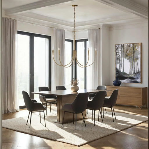 Modern dining room with a wooden table and chairs, chandelier, and large windows.