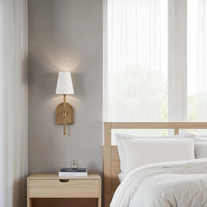 Montreux Wall Sconce – Antique Brushed Brass & Off-White Linen