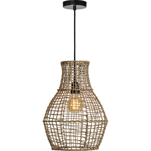Pendant light with woven design and black fixture on a white background