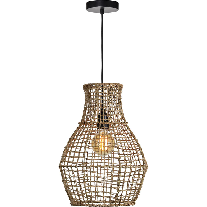 Pendant light with woven design and black fixture on a white background
