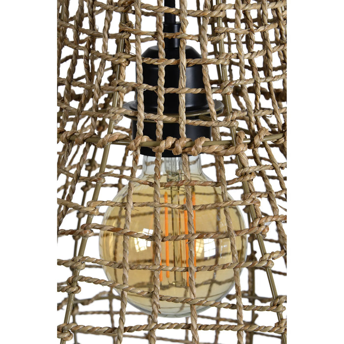 Light bulb inside a woven rope lampshade on a white background