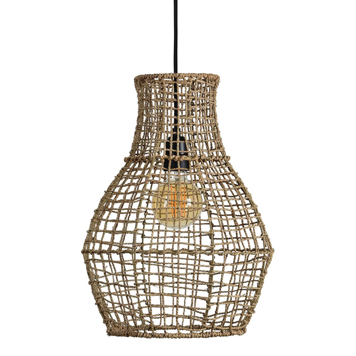 Woven pendant light with a bulb inside on a white background