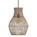 Woven pendant light with a bulb inside on a white background