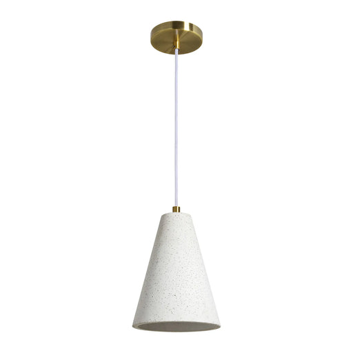 Pendant light with white cone-shaped shade and gold fixture on a white background