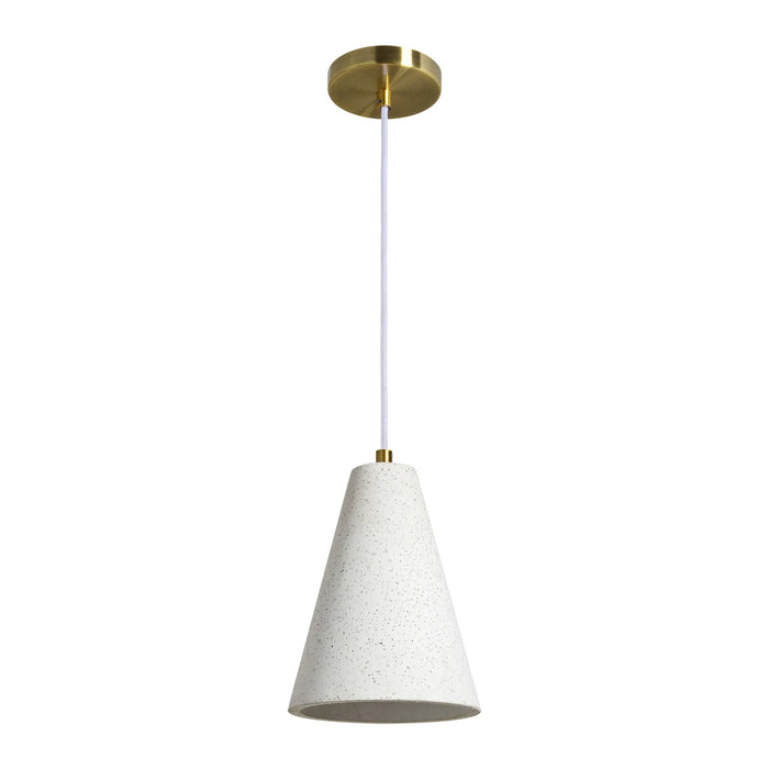 Pendant light with white cone-shaped shade and gold fixture on a white background
