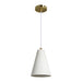 Pendant light with white cone-shaped shade and gold fixture on a white background