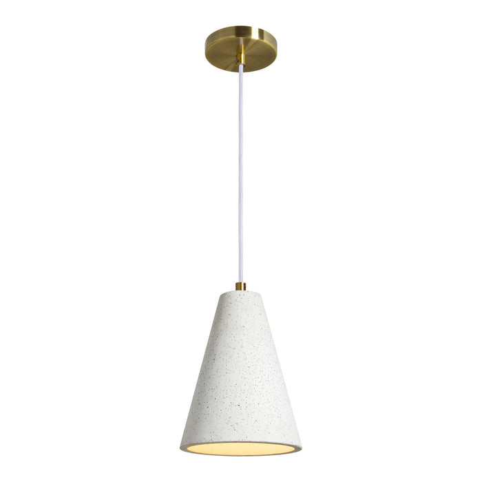 Pendant light with concrete shade and gold fixture on a white background