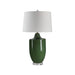 Green table lamp with a white shade on a white background