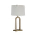 Table lamp with a white shade and beige arch-shaped base on a white background