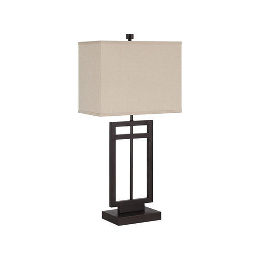 Table lamp with a beige rectangular shade on a white background