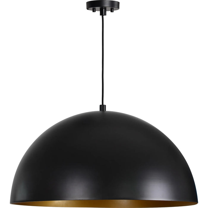Black pendant light with gold interior on a white background