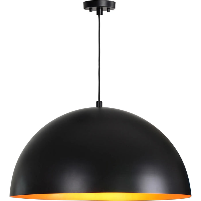 Black pendant light with a gold interior on a white background