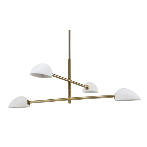 Modern chandelier with white lampshades and gold metal arms on a white background