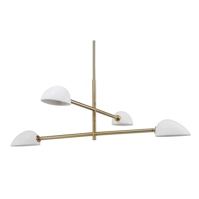 Modern chandelier with white lampshades and gold metal arms on a white background