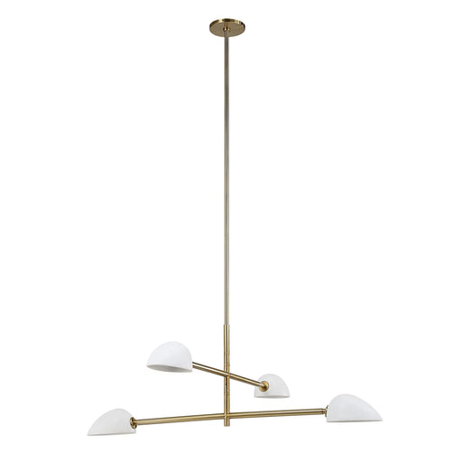 Modern pendant light with gold frame and white shades on a white background