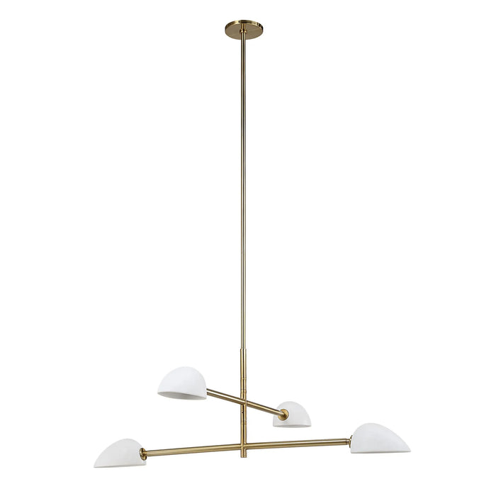 Modern pendant light with gold frame and white shades on a white background