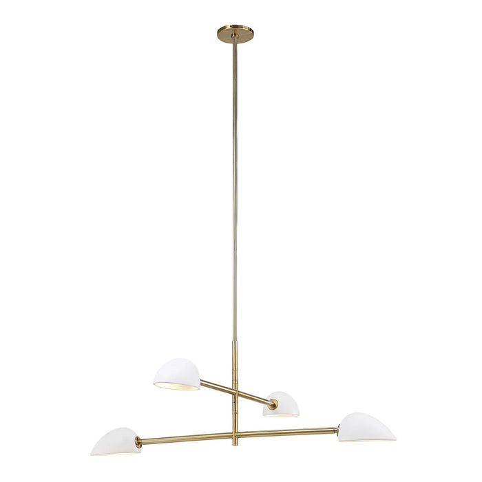 Modern pendant light with gold frame and white shades on a white background