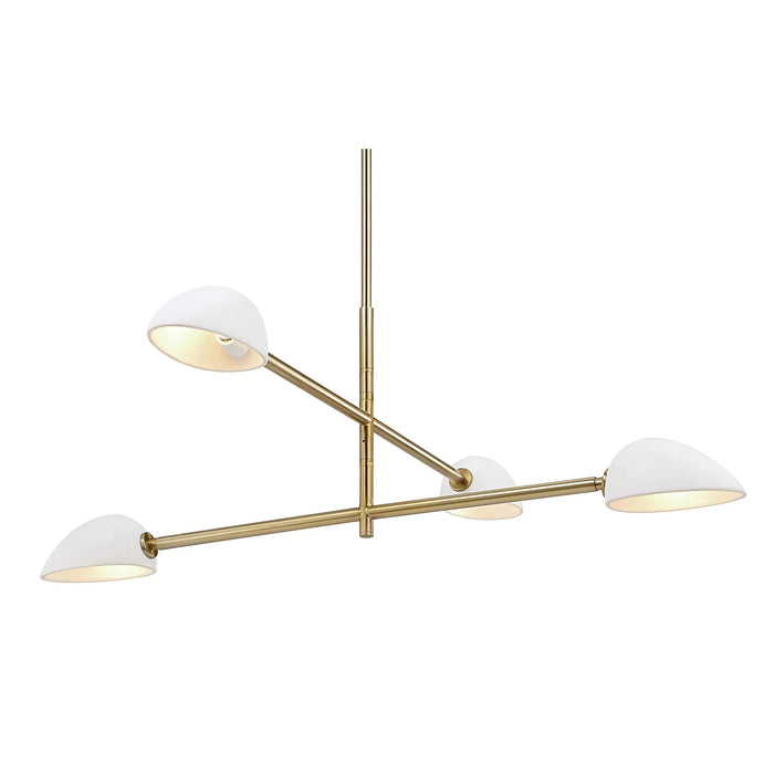 Modern ceiling light fixture with white lampshades and gold metal arm on a white background
