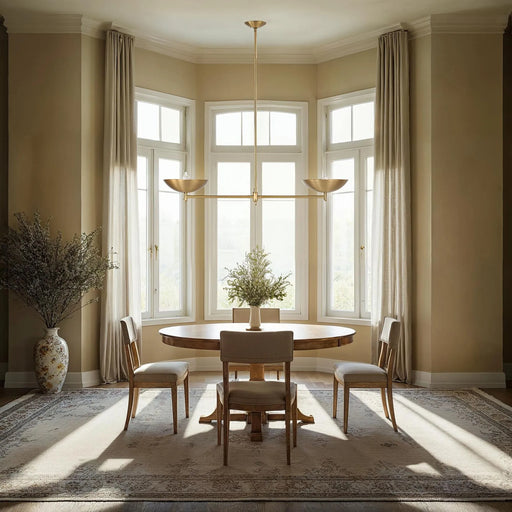 Dining room with round table and chairs near large windows with curtains and a pendant light.