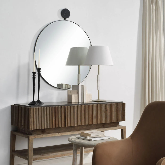 Adamas Round Wall Mirror – Matte Black with Marble Accent