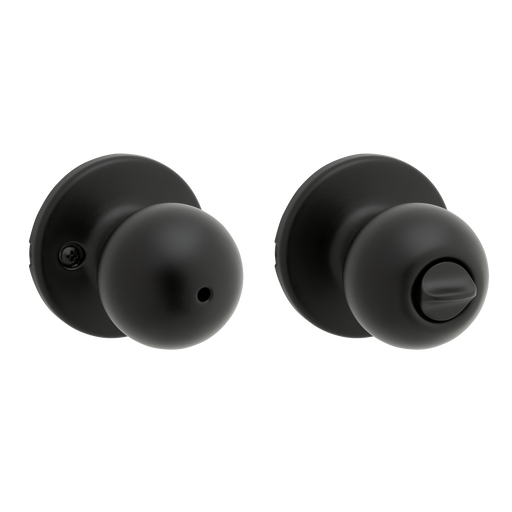Pair of matte black door knobs with privacy function on a white background