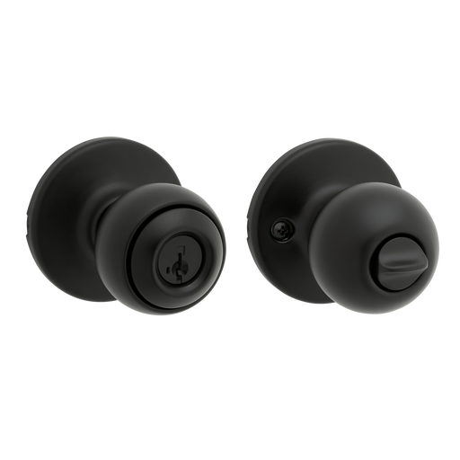 Set of black keyed entry door knobs on a white background