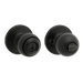 Set of black keyed entry door knobs on a white background