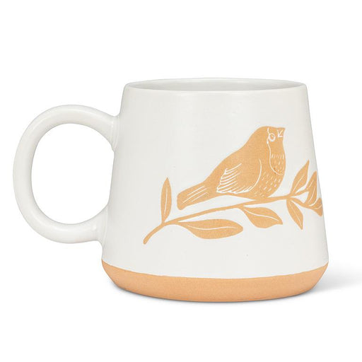 Set of six Abbott oversized stoneware mugs with ivory and tan bird and branch design