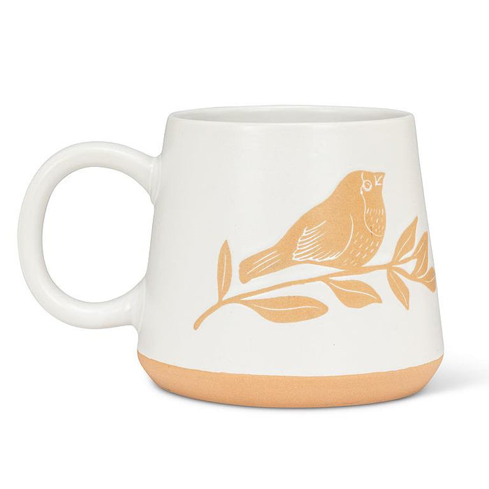 Set of six Abbott oversized stoneware mugs with ivory and tan bird and branch design