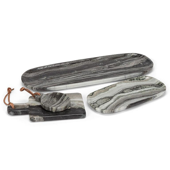 Coordinating Abbott black marble trays and serving accessories